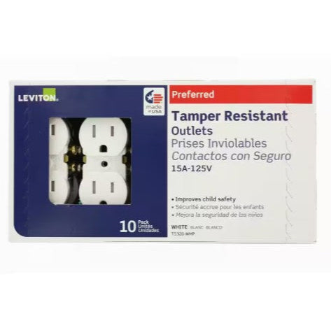 Leviton M22-T5320-WMP 5 Amp 125 V Tamper Resistant Duplex Outlet/Receptacle, White (10-Pack)