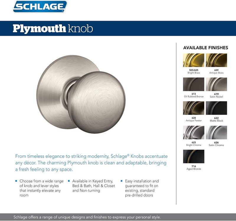 Schlage F51A PLY 619 KD Plymouth Entry Lock, Keyed Different, Satin Nickel