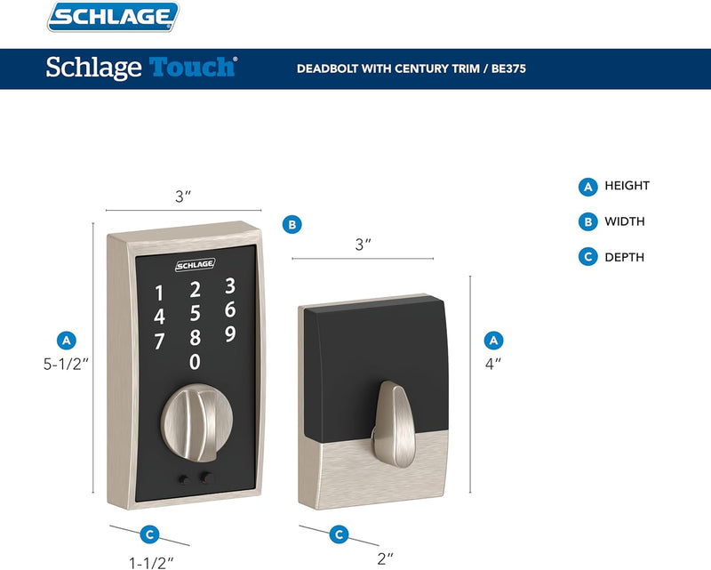 Schlage BE375 CEN Touchscreen Deadbolt Lock Century Trim