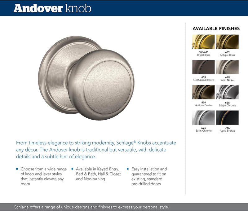 Schlage F170 AND 620 ADD Andover Dummy Knob, Addison Rose, Antique Nickel