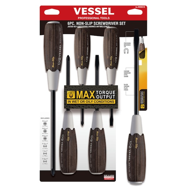 Vessel Tools 3006CS WOOD-COMPO Non-Slip Screwdriver Set (6-Piece)