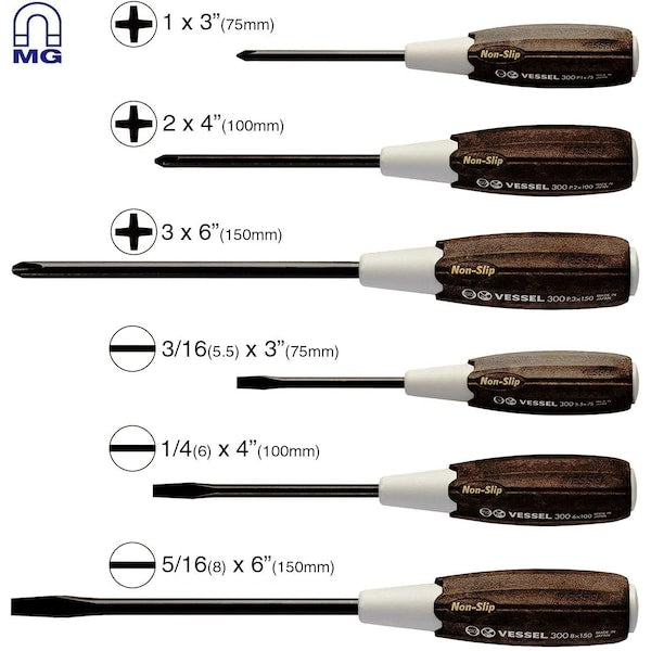 Vessel Tools 3006CS WOOD-COMPO Non-Slip Screwdriver Set (6-Piece)