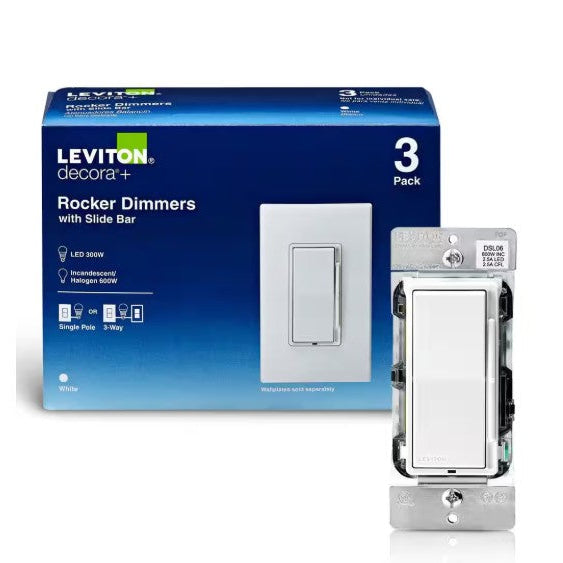 Leviton M02-DSL06-3PW Decora 600-Watt Single-Pole/3-Way Universal Rocker Slide Dimmer, White (3-Pack)