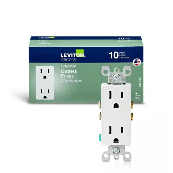 Leviton M24-05325-WMP Decora 15 Amp 125 V Duplex Outlet/Receptacle, White (10-Pack)