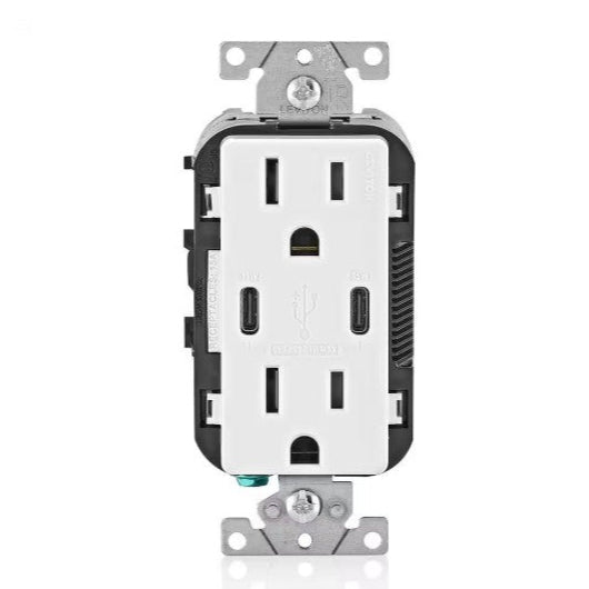 Leviton P02-T5637-00W 15A Tamper-Resistant Outlet with Dual USB-C Charger, 30W 6A, White