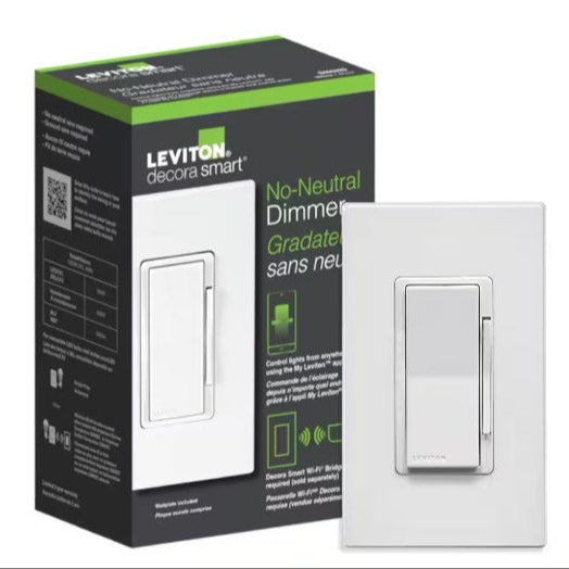Leviton R02-DN6HD-1RW Decora Smart No-Neutral 600-Watt Dimmer, Requires MLWSB Wi-Fi Bridge, White