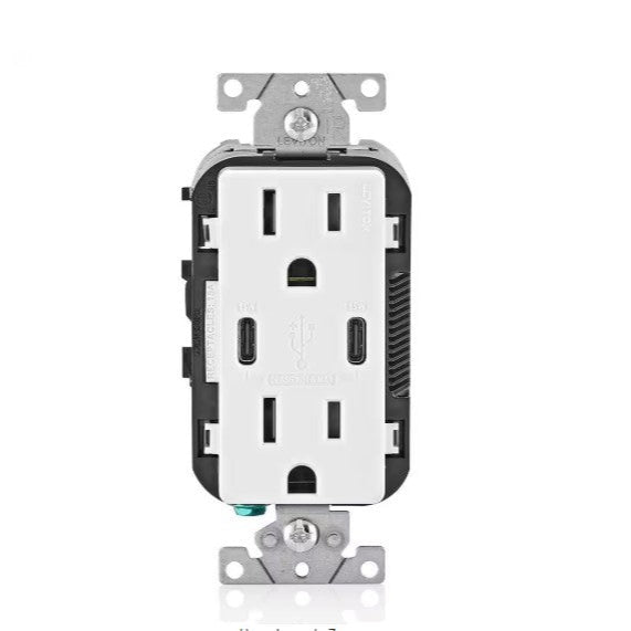 Leviton T5637-W 15A Tamper-Resistant Outlet with Dual USB-C Charger, 30W 6A, White