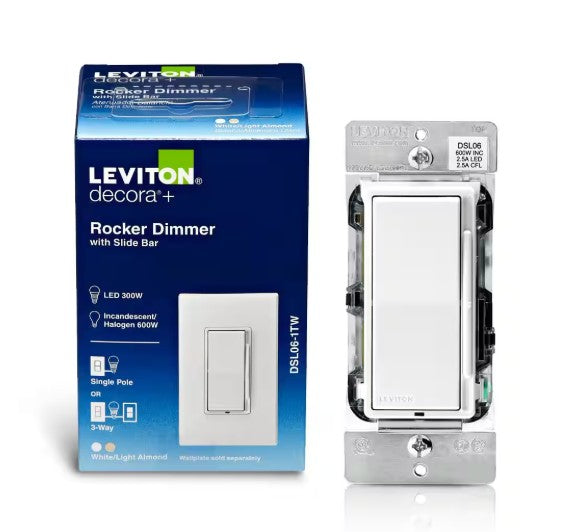 Leviton R11-DSL06-1TW Decora Slide Dimmer Switch for Dimmable LED, Halogen and Incandescent Bulbs, White/Light Almond