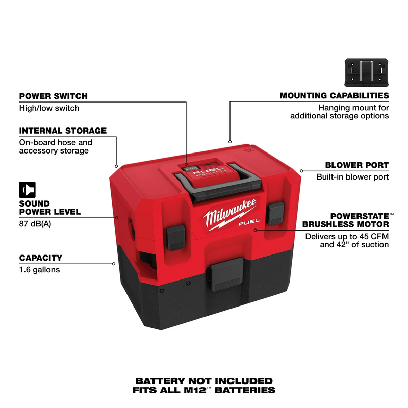 Milwaukee 0960-20 M12 FUEL 1.6 Gallon Wet/Dry Vacuum 6 Point Socket Set