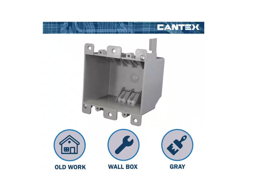 Cantex REZ25DO 2-Gang 25 in³ Old Work Outlet & Switch Box with EZ Mount Clamps, Gray