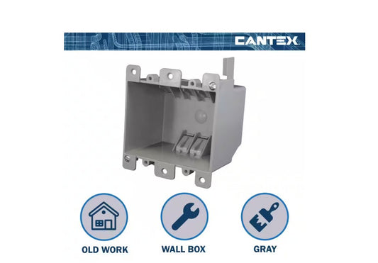 Cantex REZ25DO 2-Gang 25 in³ Old Work Outlet &amp; Switch Box with EZ Mount Clamps, Gray