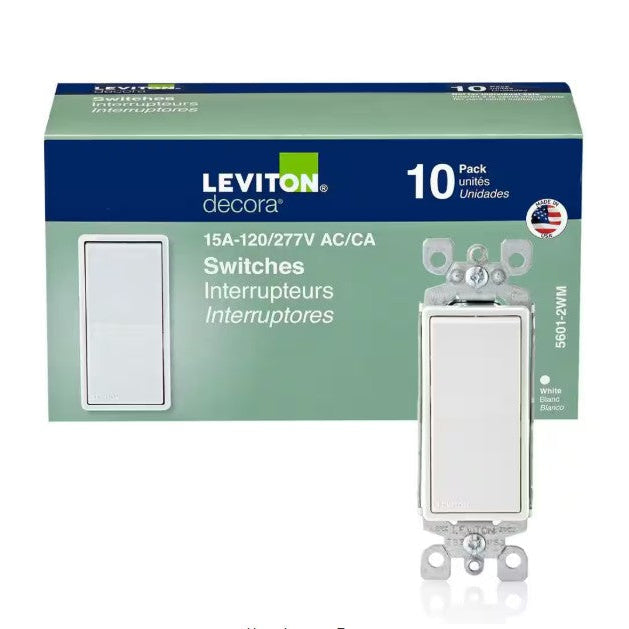Leviton M32-05601-2WM Decora 15 Amp Single Pole Rocker AC Quiet Light Switch, White (10-Pack)