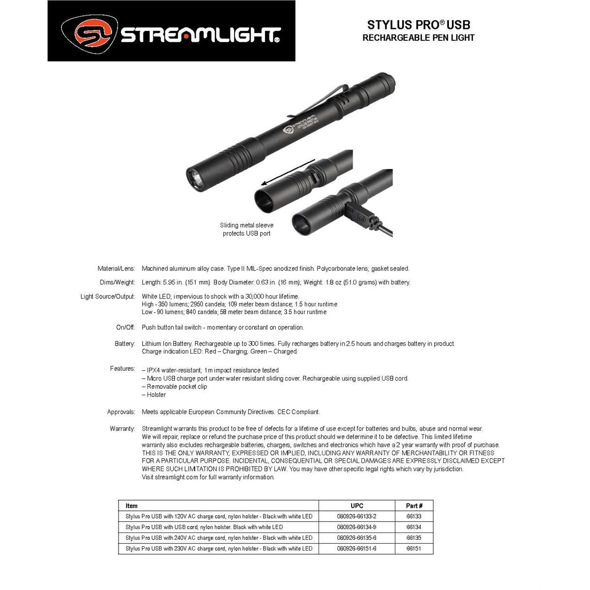 Streamlight STL66146 Stylus Pro USB LED 350 Lumen Penlight, Orange