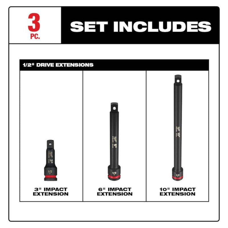 Milwaukee 49-66-6715 SHOCKWAVE Impact Duty 1/2" Drive Socket Extension Set (3-Piece)