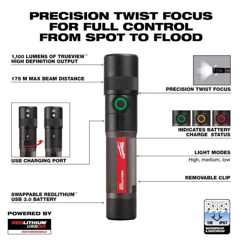 Milwaukee 2161-21 1100 Lumens LED USB Rechargeable Twist Focus Flashlight