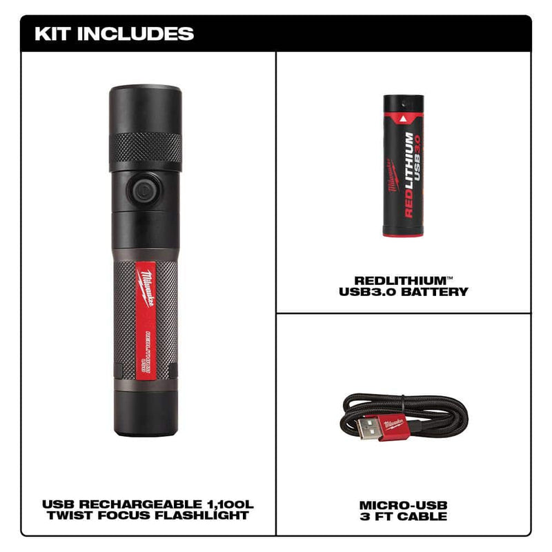 Milwaukee 2161-21 1100 Lumens LED USB Rechargeable Twist Focus Flashlight