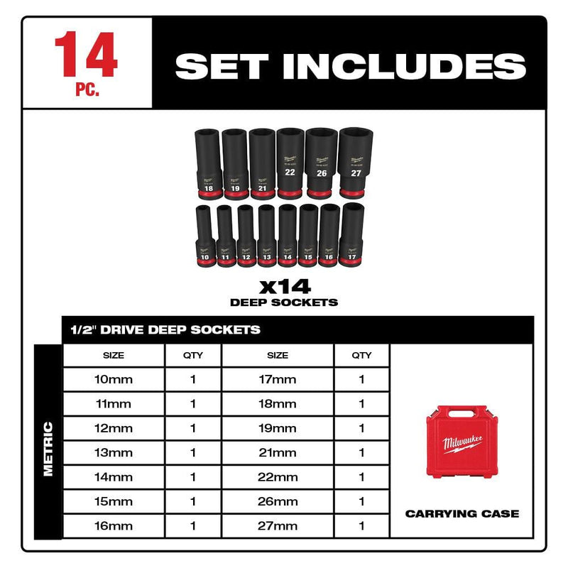 Milwaukee 49-66-7014 14PCSHOCKWAVE Impact Duty 1/2" Drive Metric Deep 6 Point Socket Set