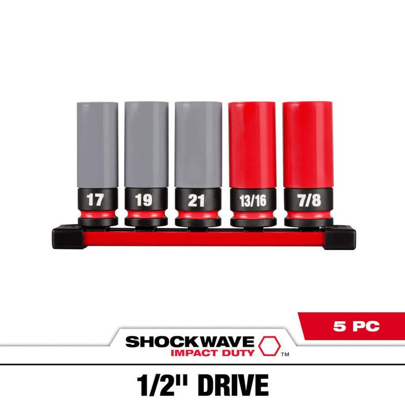 Milwaukee 49-66-7831 SHOCKWAVE Impact-Duty 1/2" Drive Deep SAE and Metric Lug Nut Impact Socket Set (5-Piece)