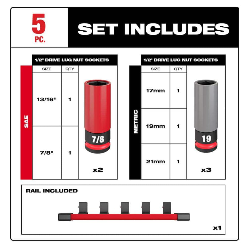 Milwaukee 49-66-7831 SHOCKWAVE Impact-Duty 1/2" Drive Deep SAE and Metric Lug Nut Impact Socket Set (5-Piece)