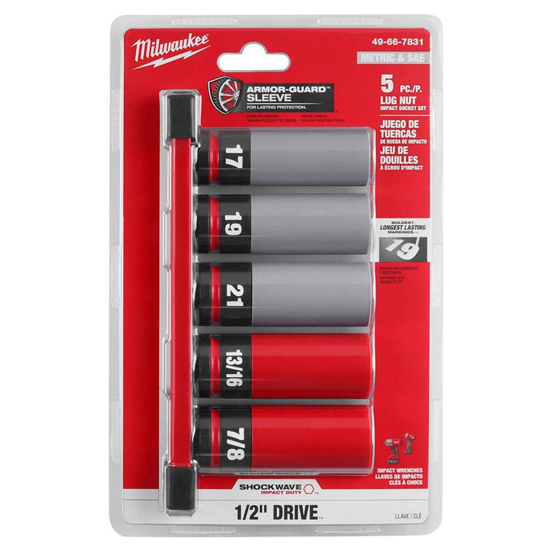 Milwaukee 49-66-7831 SHOCKWAVE Impact-Duty 1/2" Drive Deep SAE and Metric Lug Nut Impact Socket Set (5-Piece)