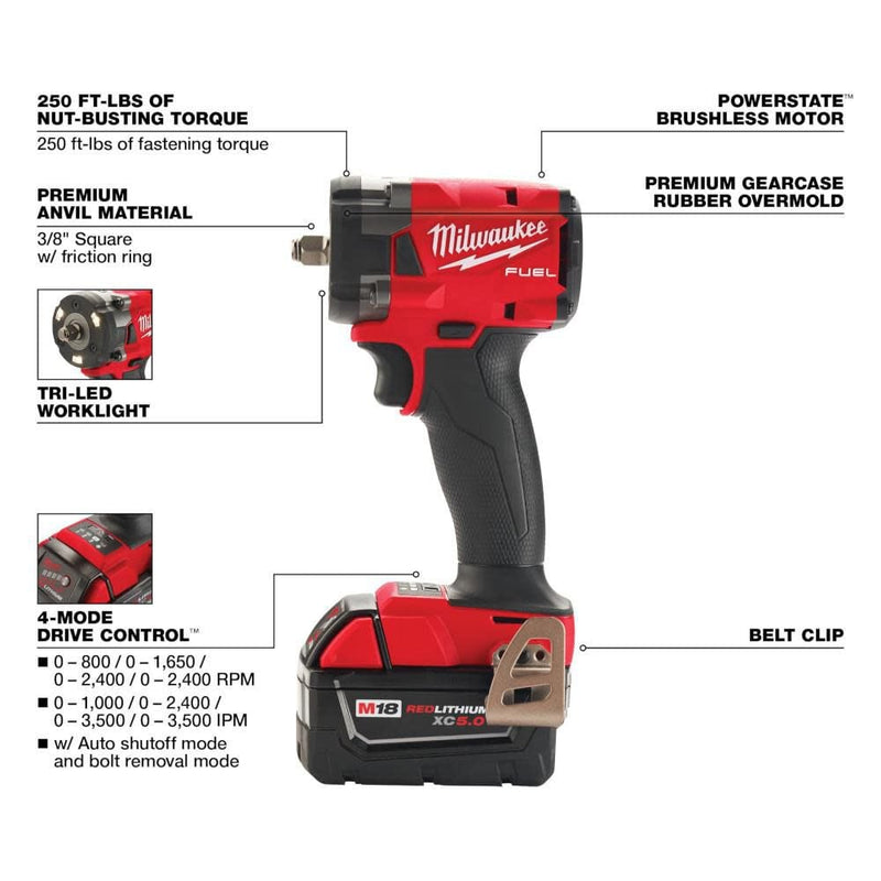 Milwaukee 2854-22R M18 FUEL 3/8 " Compact Impact Wrench w/ Friction Ring Kit