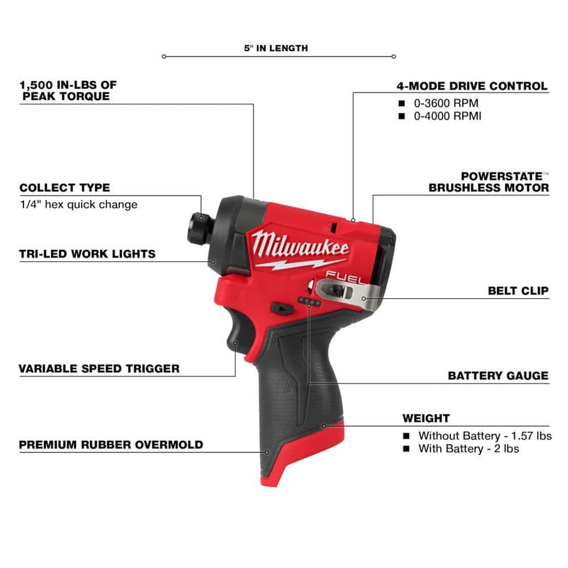 Milwaukee 3453-22HSR M12 FUEL 1/4" Hex Impact Driver Kit with 3/8" High Speed Ratchet