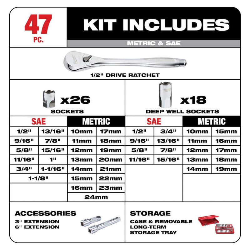 Milwaukee 48-22-9010 1/2" Drive SAE/Metric Ratchet and Socket Mechanics Tool Set (47-Piece)