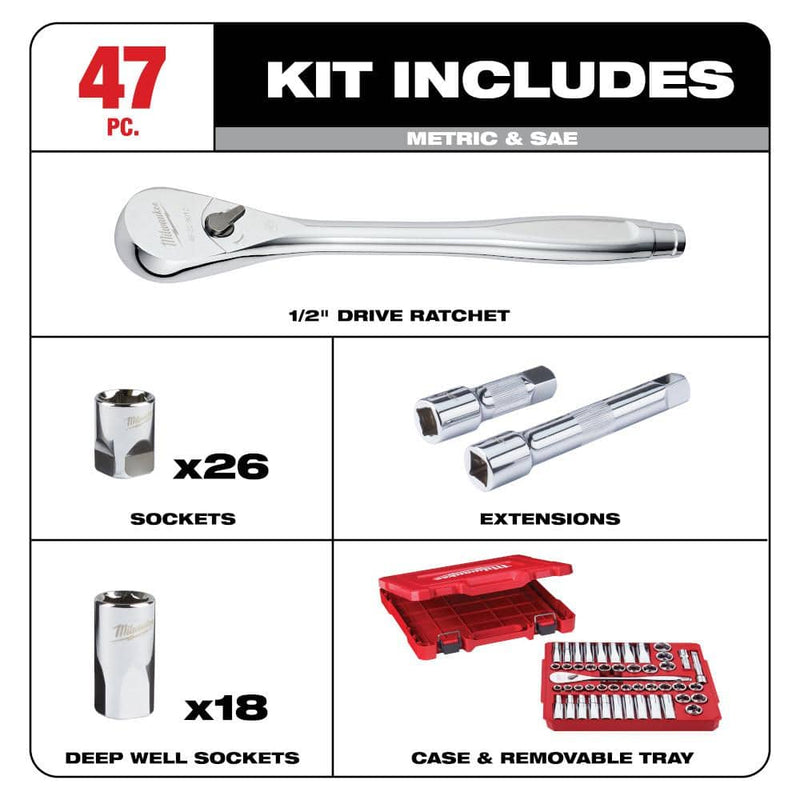 Milwaukee 48-22-9010 1/2" Drive SAE/Metric Ratchet and Socket Mechanics Tool Set (47-Piece)