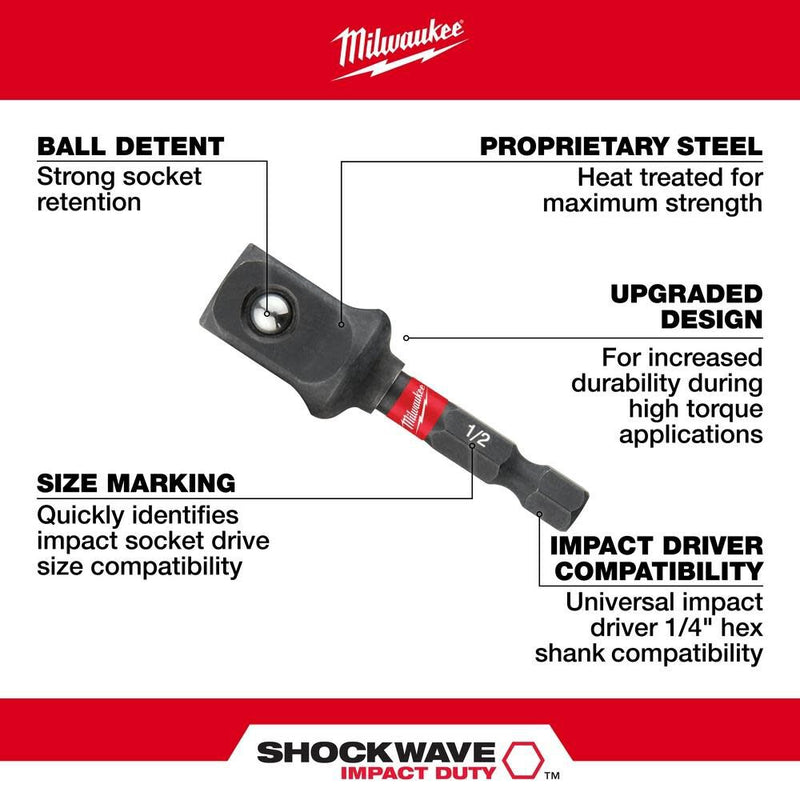 Milwaukee 48-32-5034 SHOCKWAVE Square Socket Adapter 1/4" Hex to 1/2"