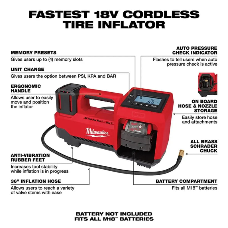 Milwaukee 2848-20 M18 18V Cordless Tire Inflator